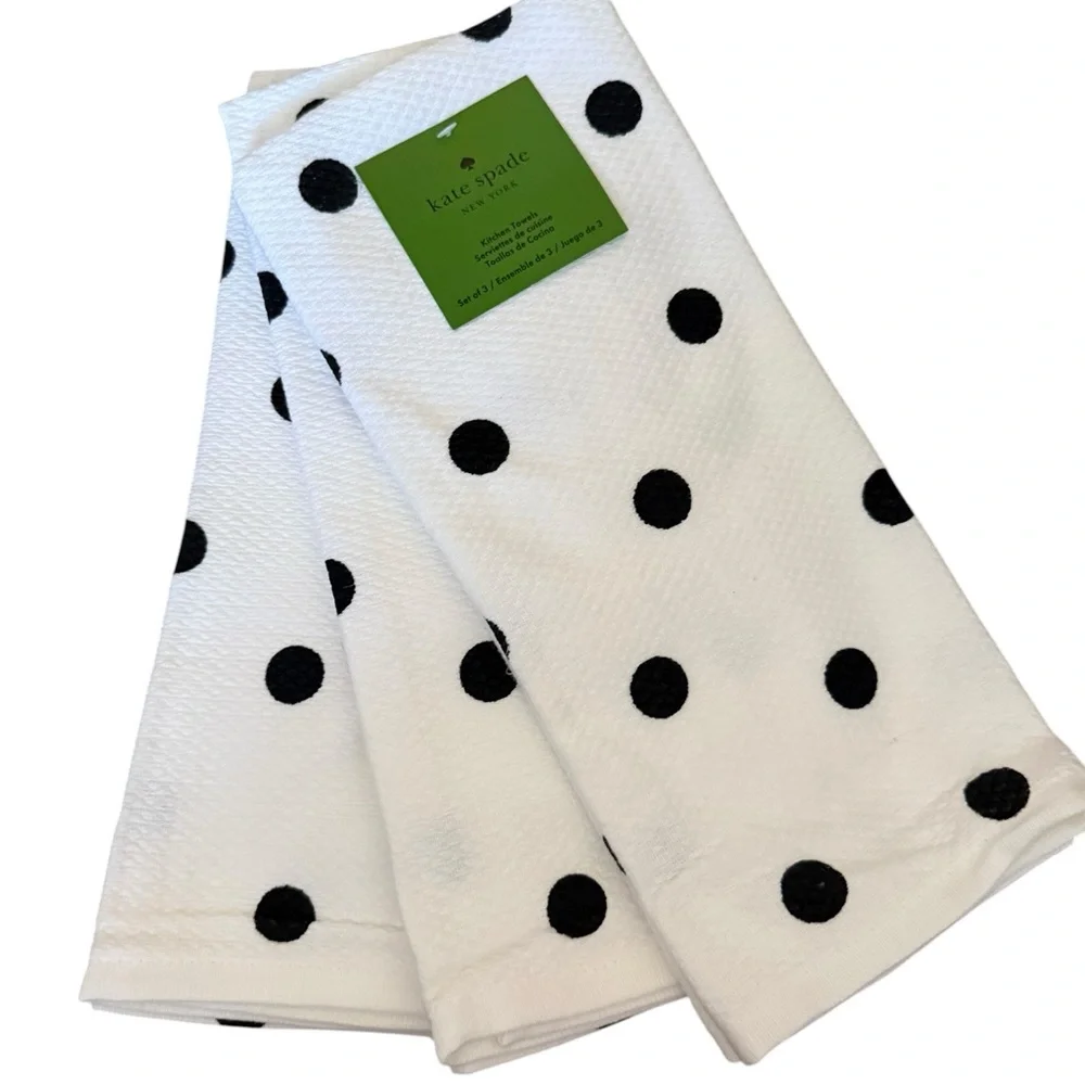 kate spade Black and White Polka Dot (3) Kitchen Towels & Mitt Set NWT